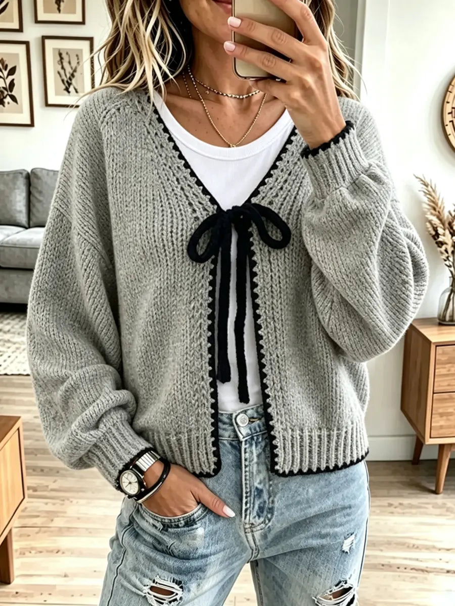 Vintage Bow Contrast Knit Art Casual Stylish Long Sleeve Cardigan Sweater