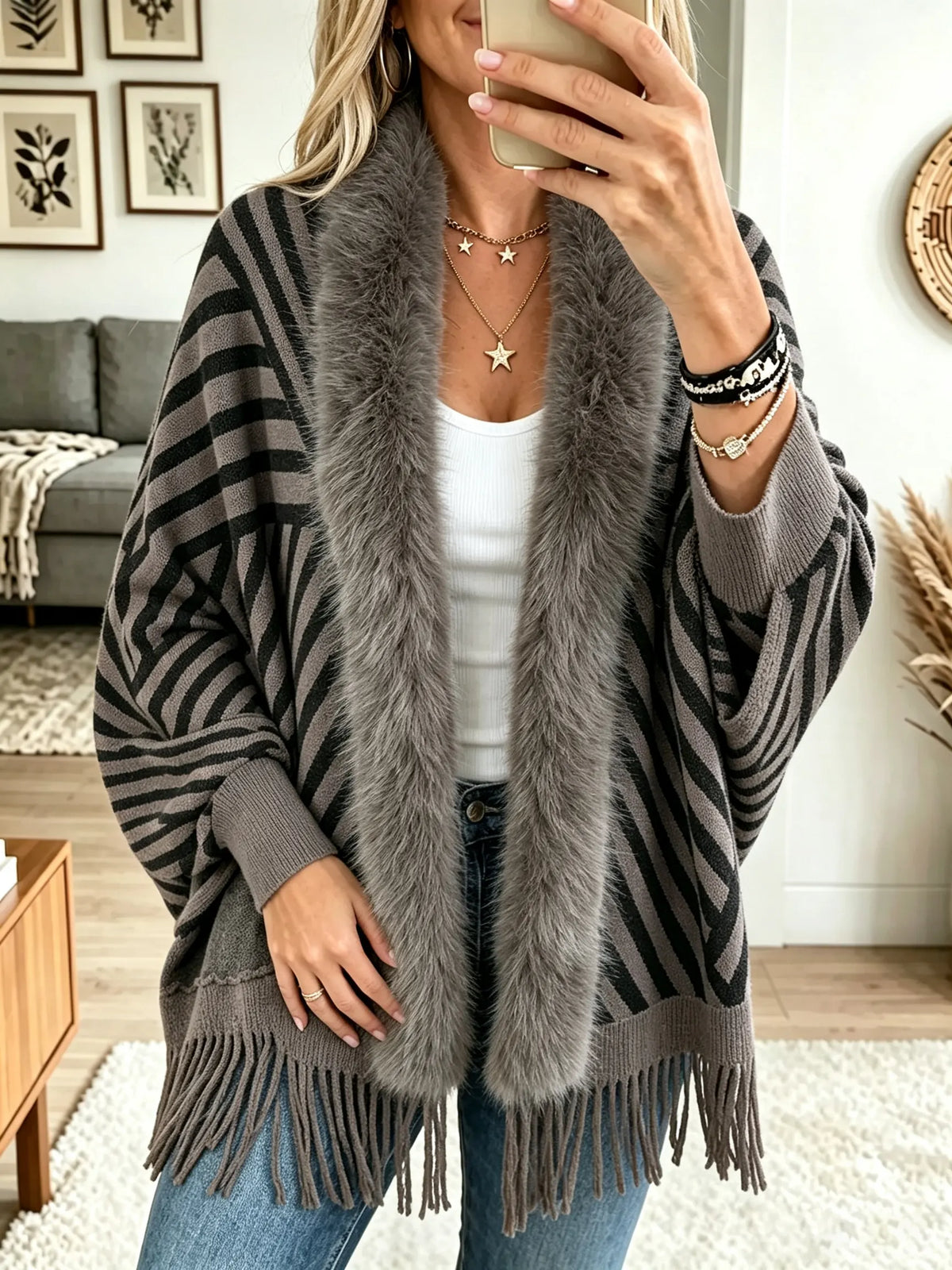 Women's Striped Faux Fur Collar Fringe Poncho Cardigan