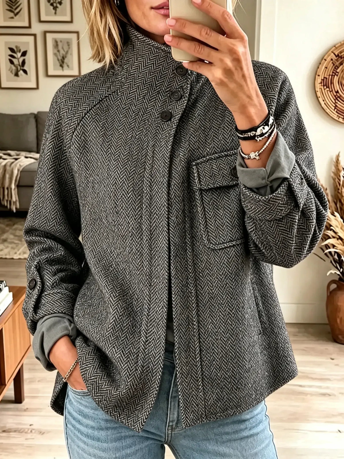 Women's Herringbone Stand Collar Short Woolen Shacket