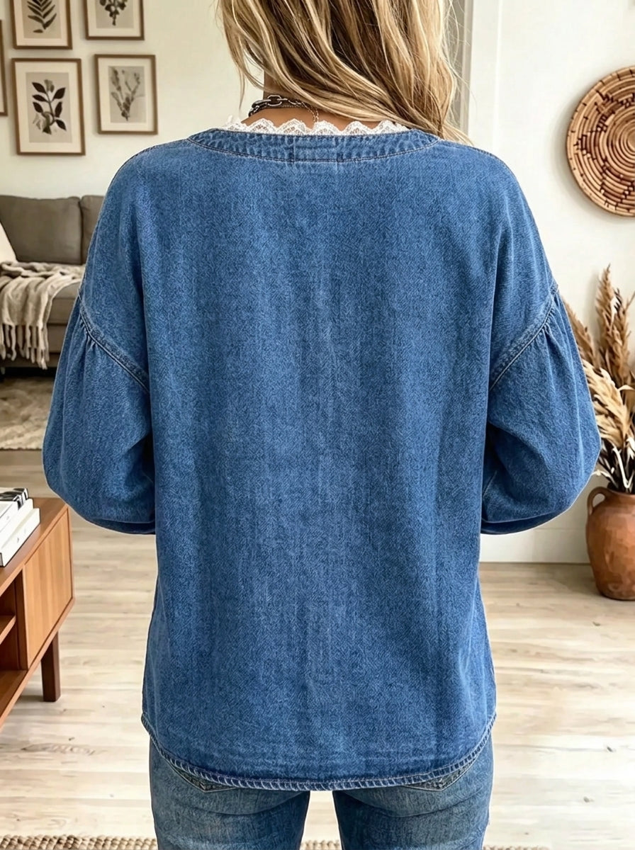 Women's Lace Trim Asymmetrical Button Denim Blouse