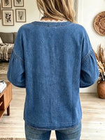 Women's Lace Trim Asymmetrical Button Denim Blouse