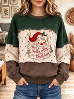 Women's Christmas Santa Graphic Colorblock Sweatshirt with Raw Edges