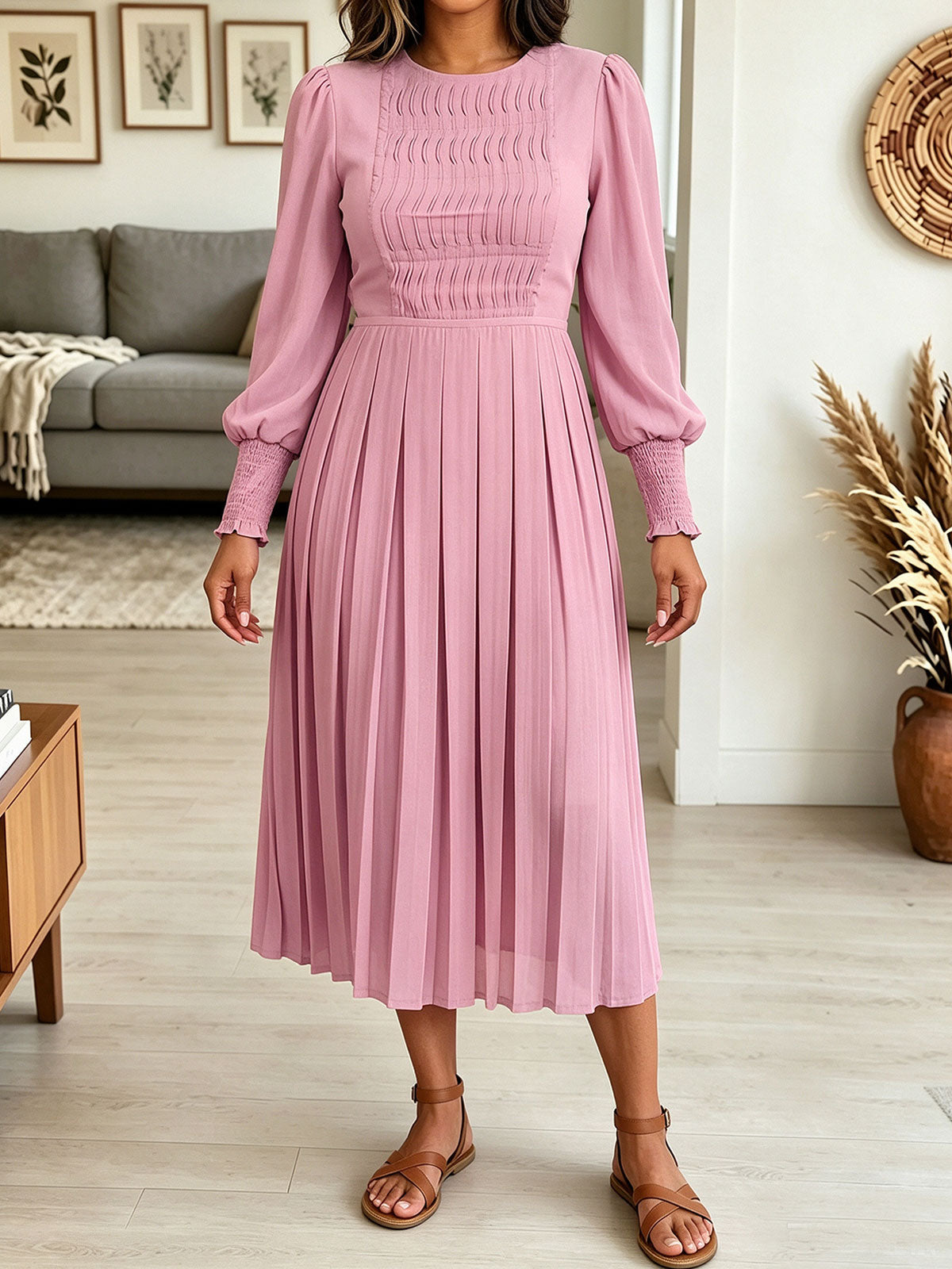 Women's Chiffon Pleated Midi Dress, Puff Sleeve Smocked Cuff Casual A-Line Dress