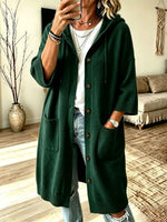 Cozy Hooded Knit Art Casual Pockets Stylish 3/4 Sleeve Cardigan Coat