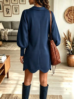 Women's Asymmetrical Gold Button Lantern Sleeve Dress