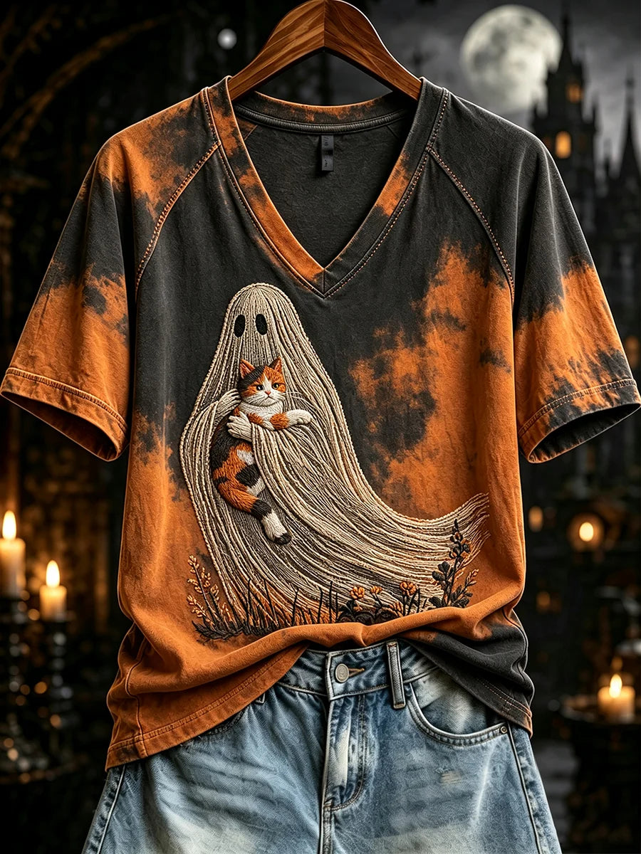 Women's Spooky Ghost Embracing Calico Cat Tie-Dye T-Shirt