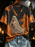 Women's Spooky Ghost Embracing Calico Cat Tie-Dye T-Shirt