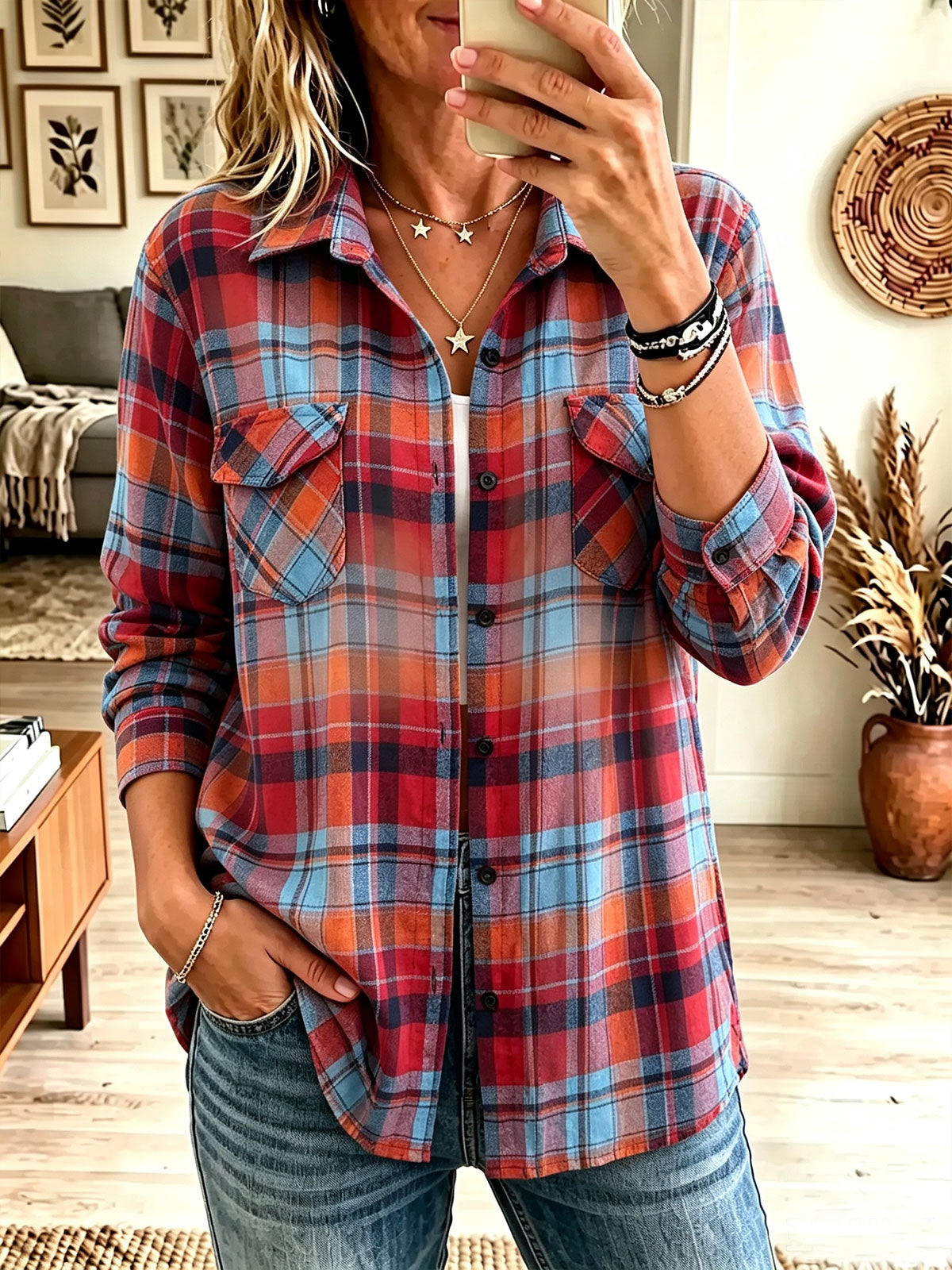 Women Red Blue Plaid Flannel Long Sleeve Button Shirt