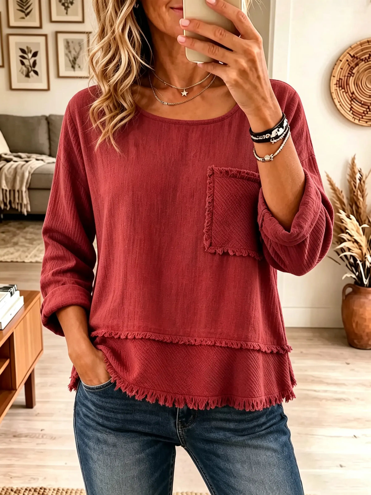 Women's Frayed Trim Textured Scoop Neck Tunic Top