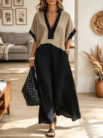 Women's Casual Black and Khaki Colorblock V-Neck Maxi Dress with Pockets