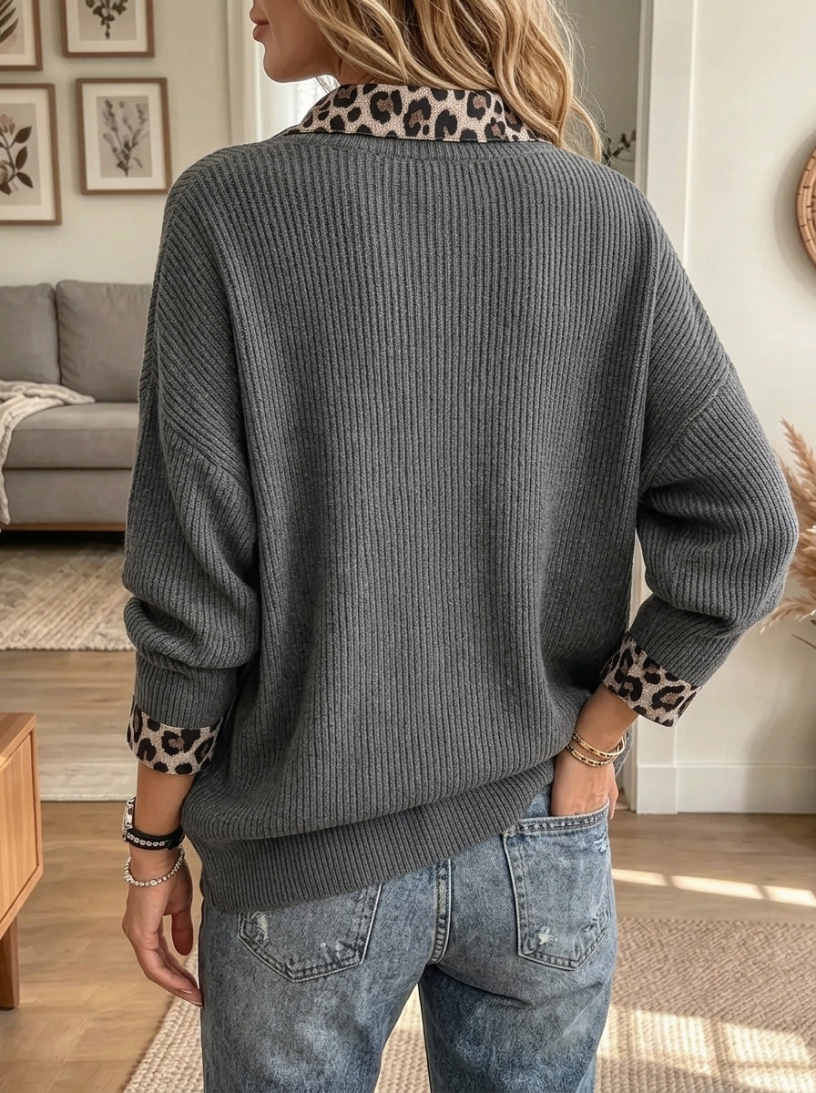 Women's Leopard Collar Layered Ribbed Knit Sweater