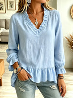 Retro Solid Color Ruffle Art V Collar Casual Long Sleeve Cotton Linen Shirt