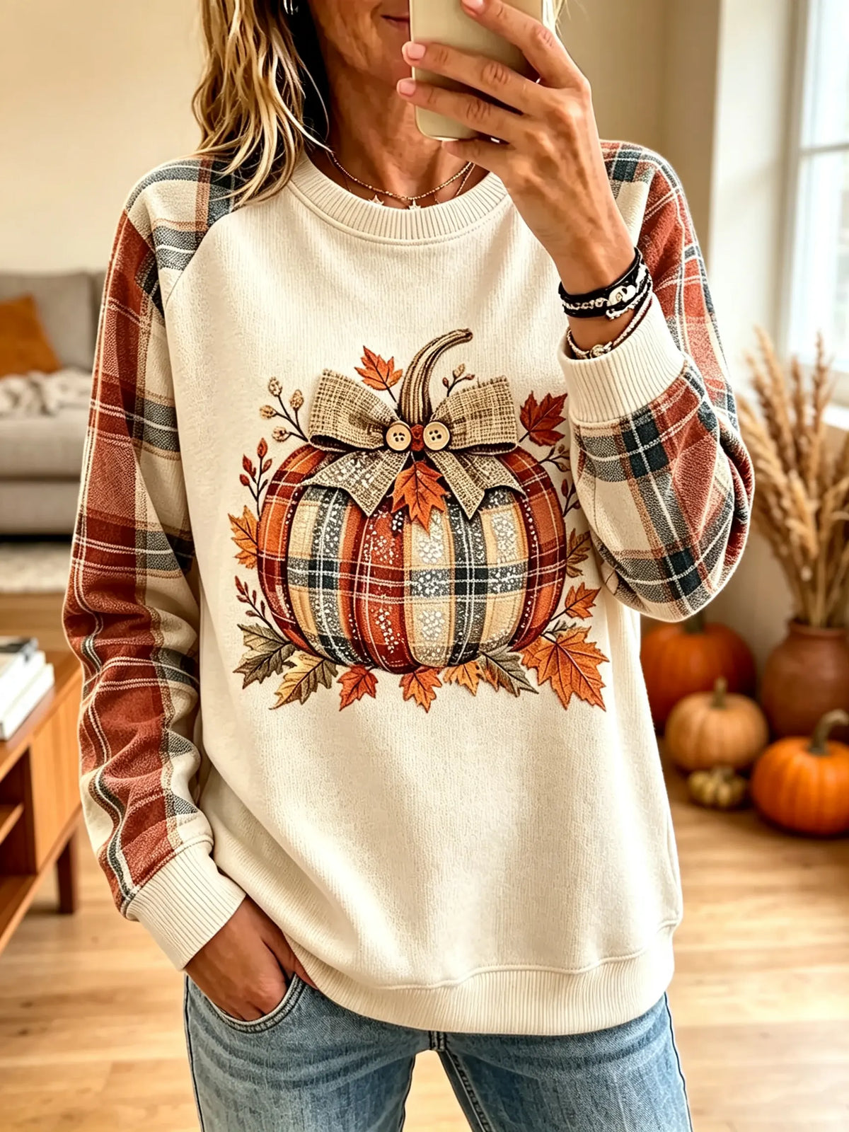 Women's Plaid Patchwork Pumpkin Raglan Sweatshirt