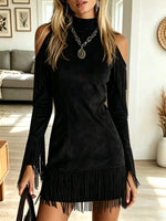 Vintage Western Fringe Art Off-shoulder Casual Stylish Long Sleeve Dress