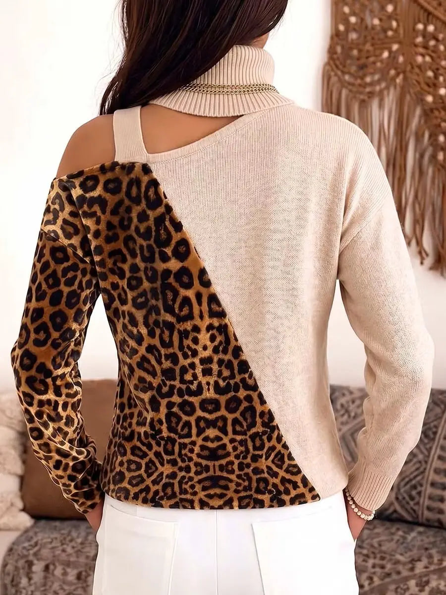 Vintage Leopard Patchwork Turtleneck Art Casual Stylish Long Sleeve Sweater