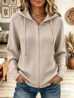 Women's Waffle Knit Drawstring Zip-Up Hoodie