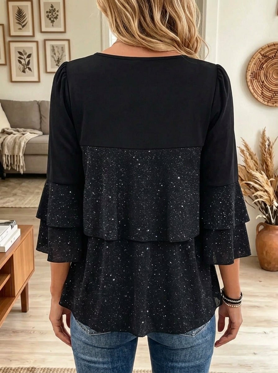 Women's Glitter Tiered Ruffle Flared Sleeve Blouse