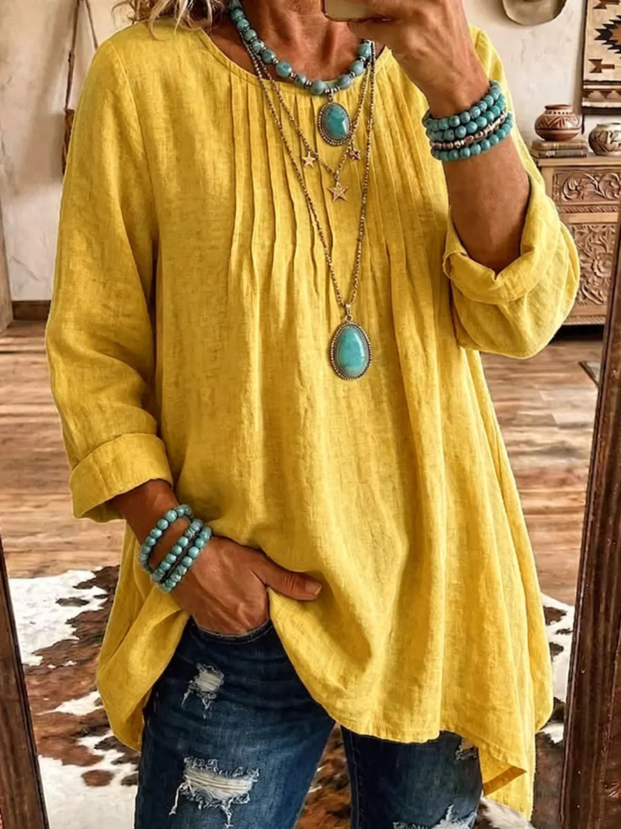 Solid Color Round Neck Art Casual Long Sleeve Cotton Linen Shirt