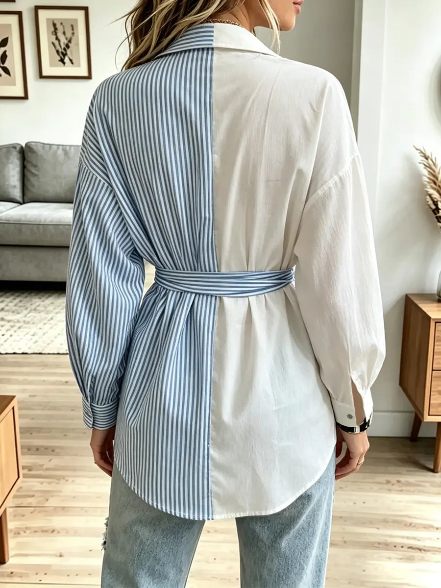 Retro Block Stripe Art Casual Stylish Long Sleeve Cotton Long Shirt
