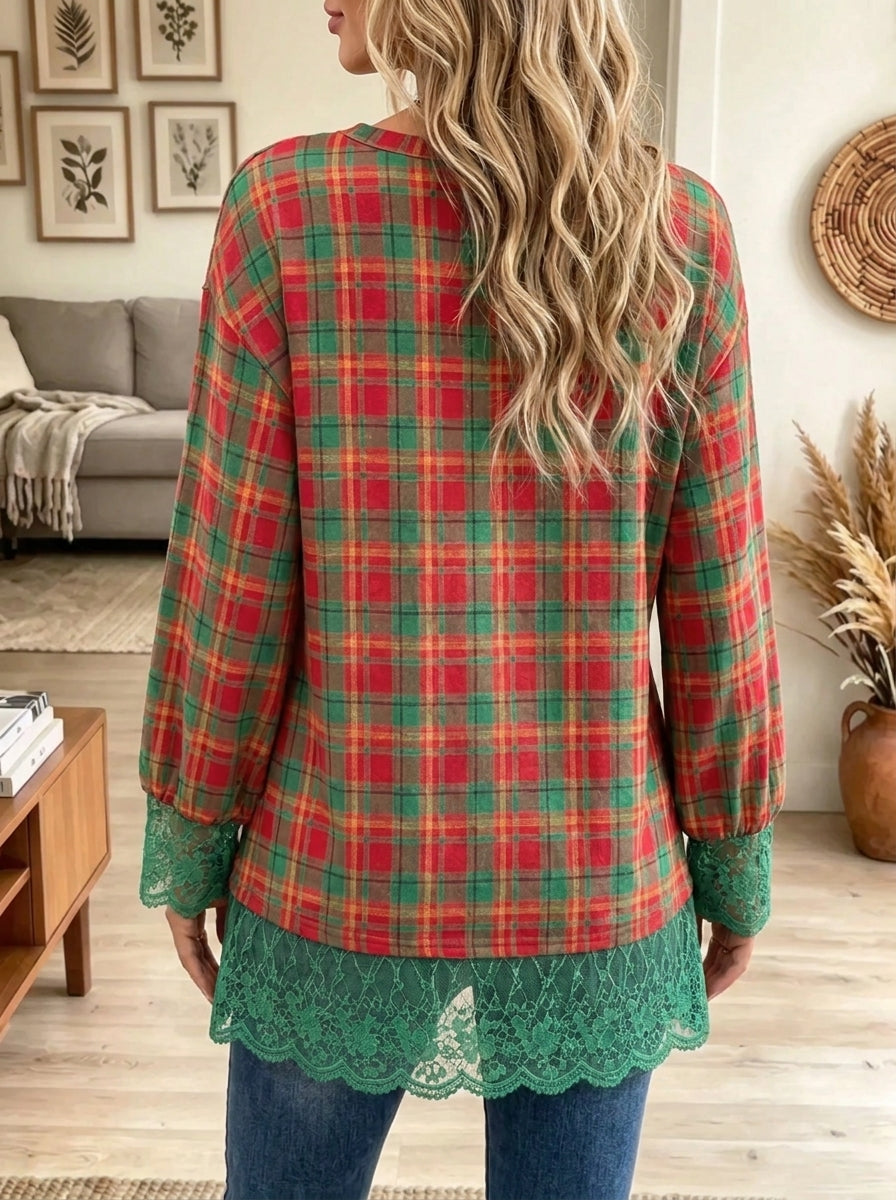Women's Plaid Crochet Lace Trim Tunic Top