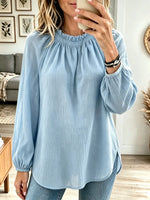 Women's Ruffled High Neck Balloon Sleeve Blouse