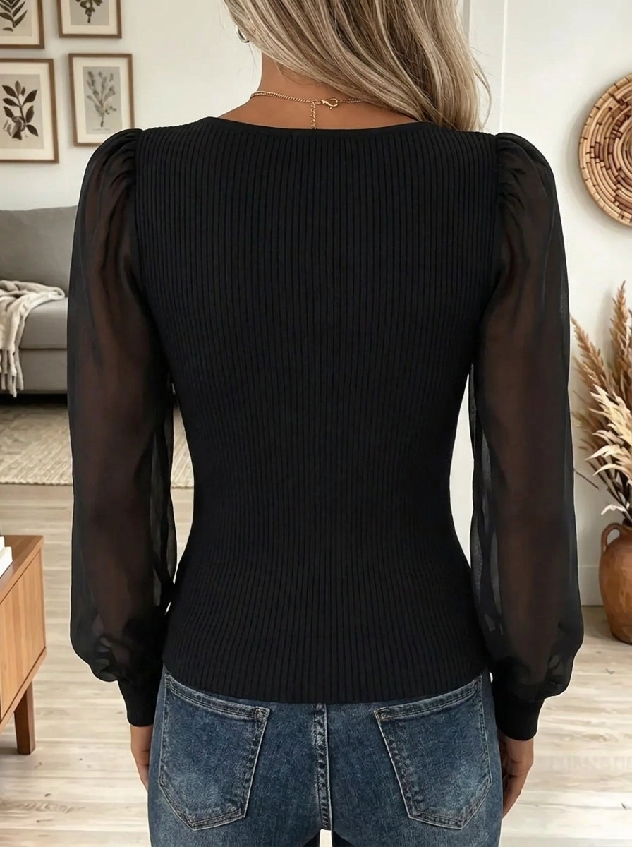 Women's Square Neck Sheer Organza Puff Sleeve Top