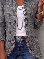 Retro Plaid Art Pattern Print Ruffle Casual Stylish Cotton Lapel Coat