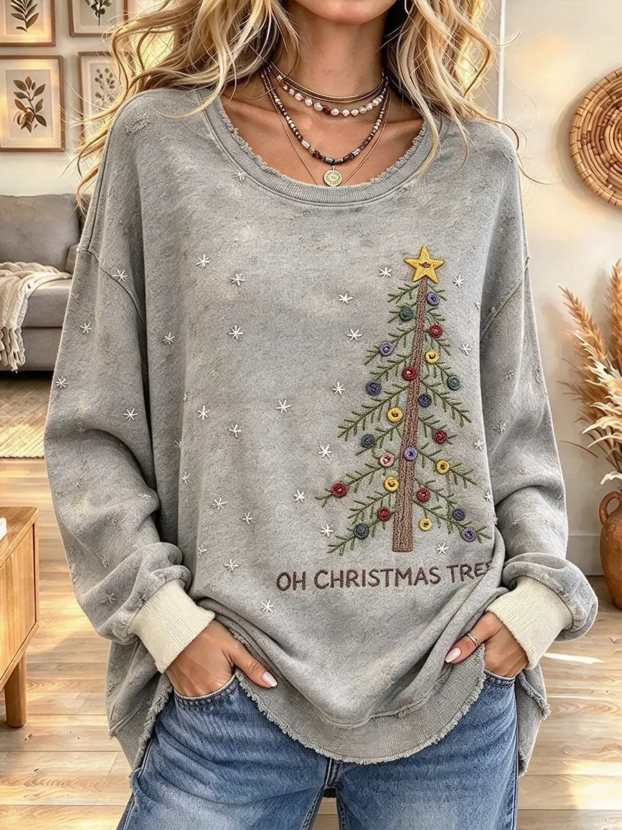 Women's Vintage Christmas Tree Print Crewneck Sweatshirt