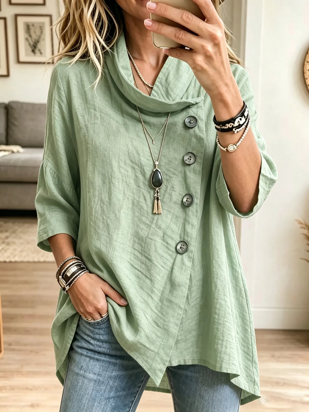 Women's Asymmetrical Cowl Neck Button Linen Tunic