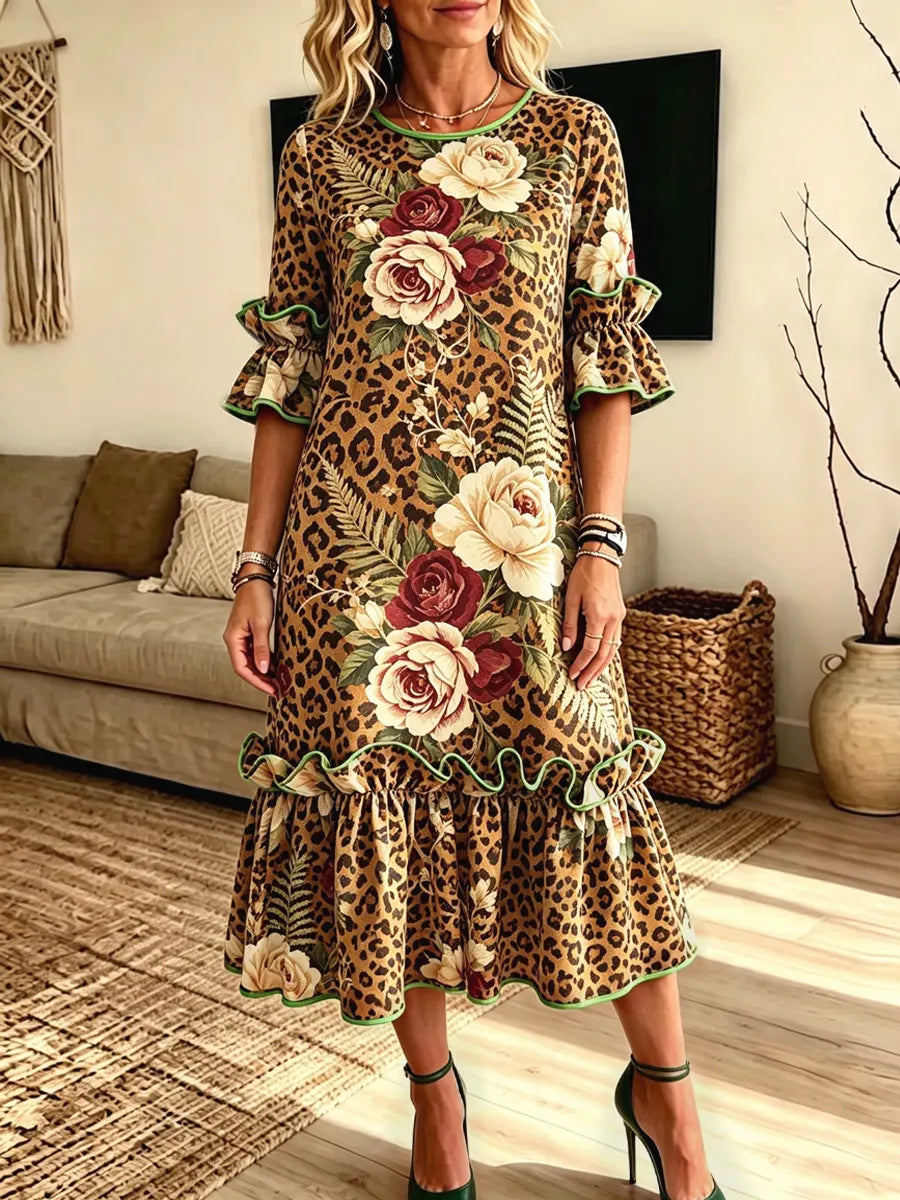 Retro Leopard Floral Pattern Art Print Casual Ruffle Stylish Cotton Linen Dress