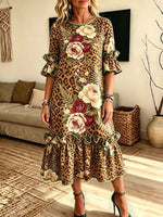 Retro Leopard Floral Pattern Art Print Casual Ruffle Stylish Cotton Linen Dress