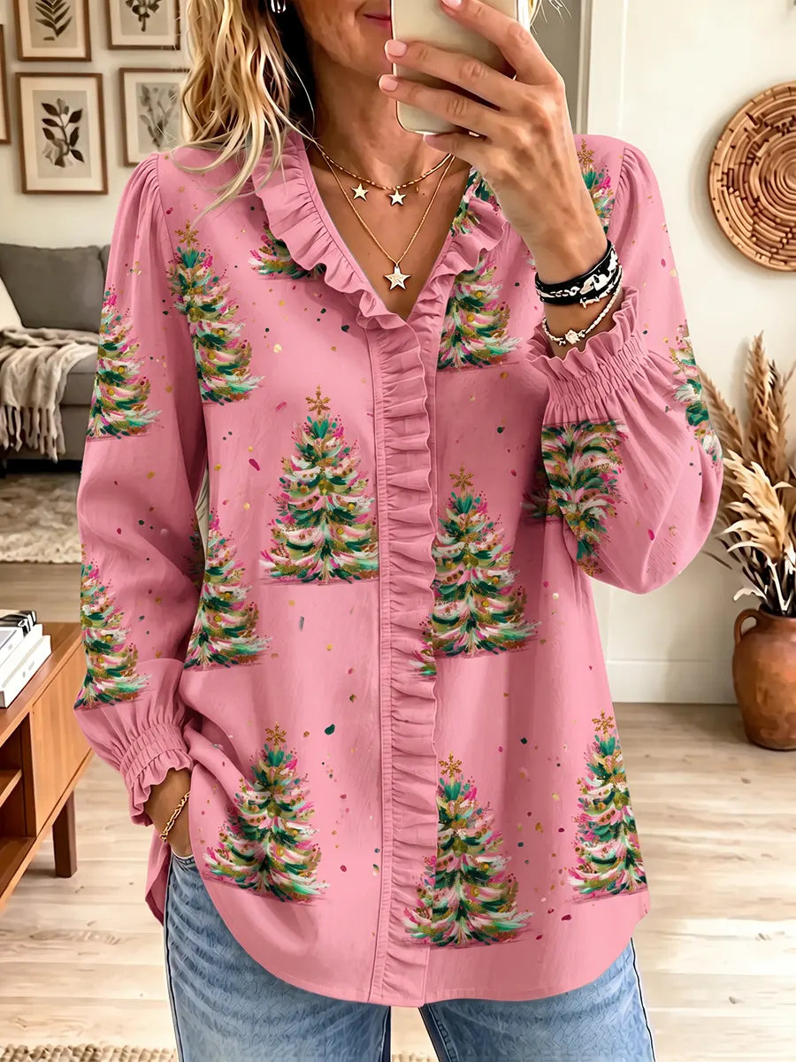 Women's Christmas Tree Print Ruffle Trim Long Sleeve V Neck Blouse