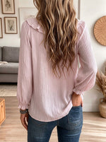 Women V-Neck Ruffled Trim Textured Blouse, Long Sleeve Elastic Cuff Casual Shirt